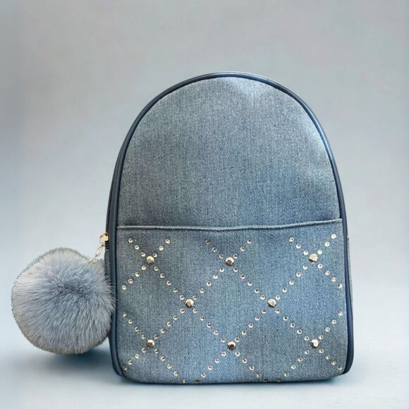 Denim Blue Rhinestone Studded Mini Backpack - Picture 1 of 4